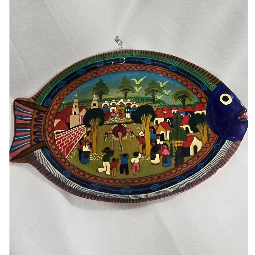 Vtg Mexican family storyteller fish‎ terracotta wall art hand painted plate